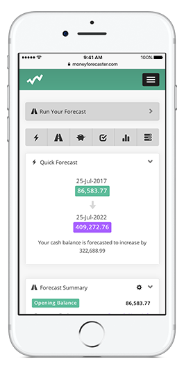 Money Forecaster Dashboard showing Quick Forecast and Forecast Summary